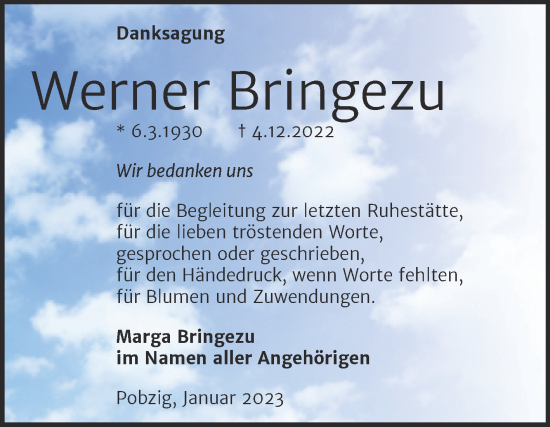 Traueranzeige von Werner Bringezu von Trauerkombi Bernburg