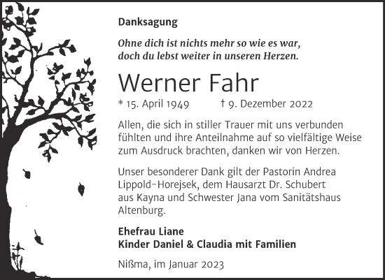 Traueranzeige von Werner Fahr von Trauerkombi Zeitz