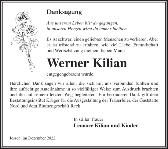 Traueranzeige von Werner Kilian von Trauerkombi Wittenberg