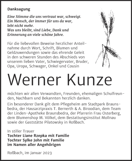 Traueranzeige von Werner Kunze von Trauerkombi Merseburg