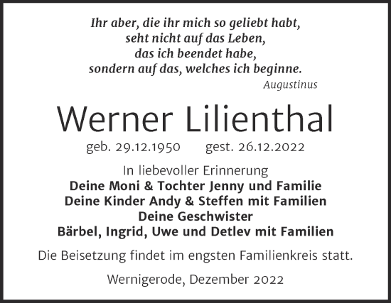 Traueranzeige von Werner Lilienthal von Trauerkombi Quedlinburg