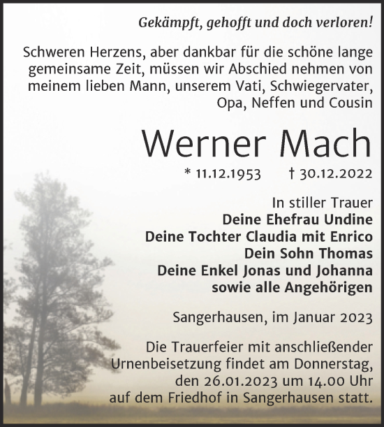 Traueranzeige von Werner Mach von Trauerkombi Sangerhausen