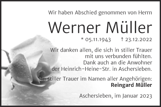 Traueranzeige von Werner Müller von Super Sonntag Aschersleben