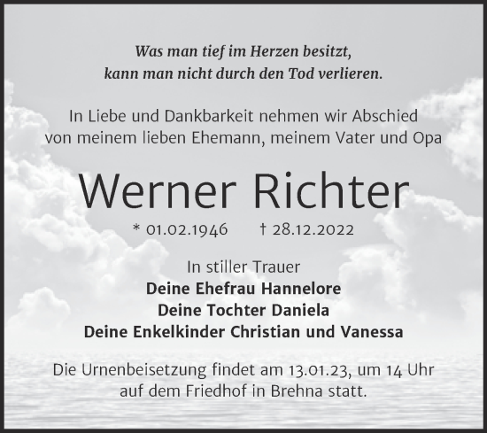 Traueranzeige von Werner Richter von Trauerkombi Bitterfeld