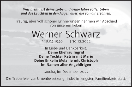 Traueranzeige von Werner Schwarz von Naumburger Tageblatt