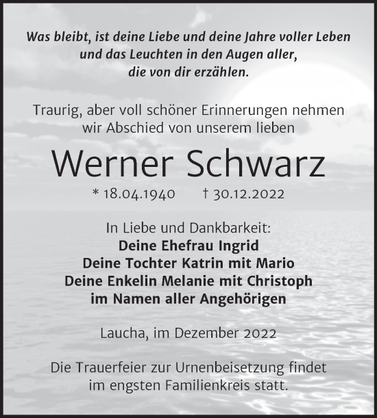 Traueranzeige von Werner Schwarz von Wochenspiegel Naumburg/Nebra