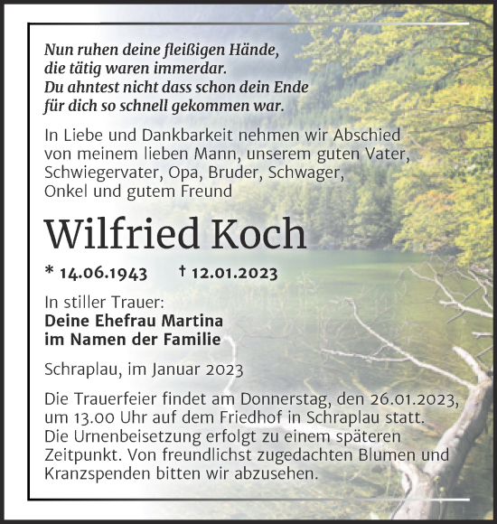 Traueranzeige von Wilfried Koch von Trauerkombi Merseburg
