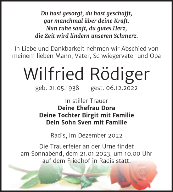 Traueranzeige von Wilfried Rödiger von Trauerkombi Wittenberg