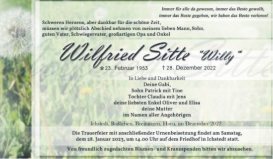 Traueranzeige von Wilfried Sitte von Trauerkombi Sangerhausen