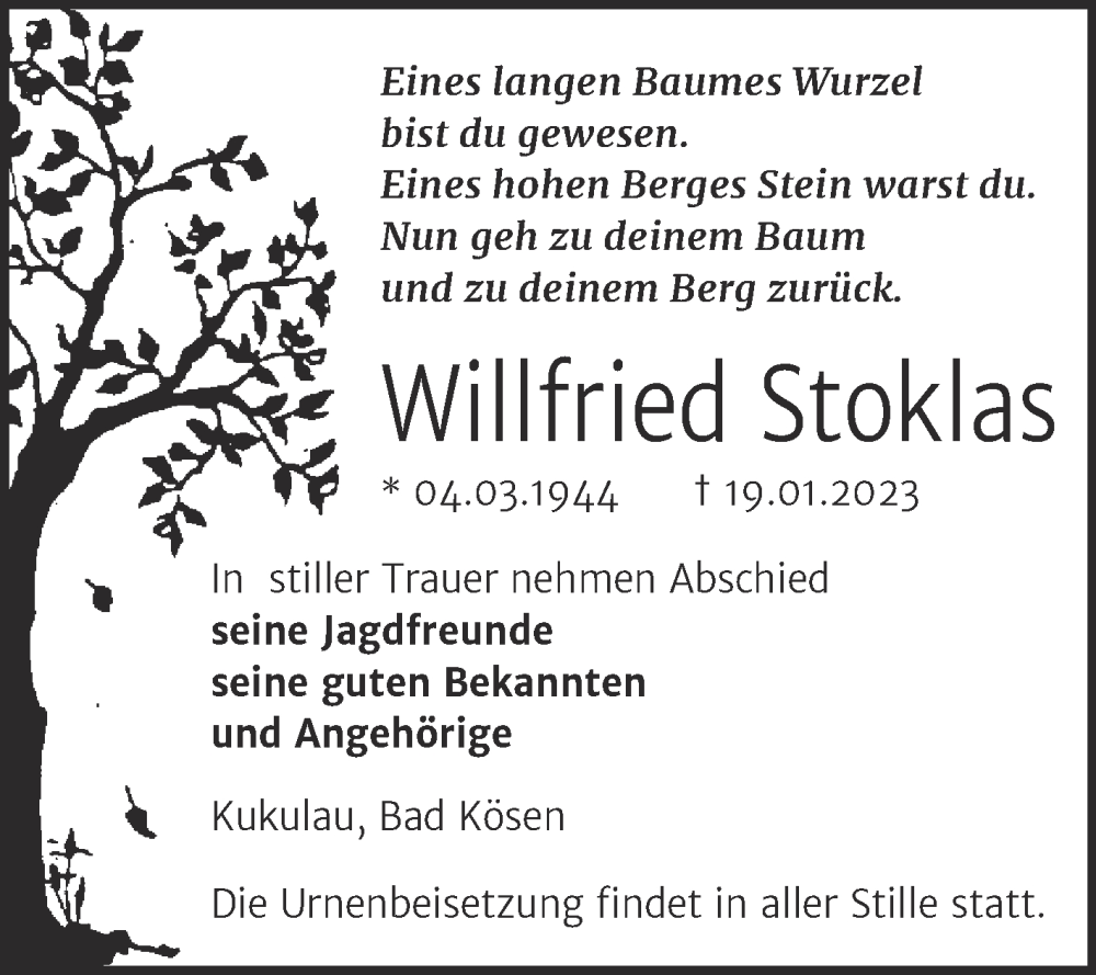  Traueranzeige für Willfried Stoklas vom 25.01.2023 aus Wochenspiegel Naumburg/Nebra