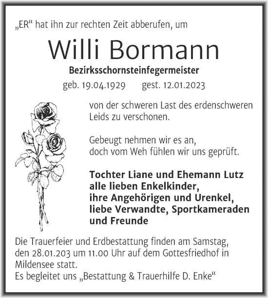 Traueranzeige von Willi Bormann von Trauerkombi Dessau