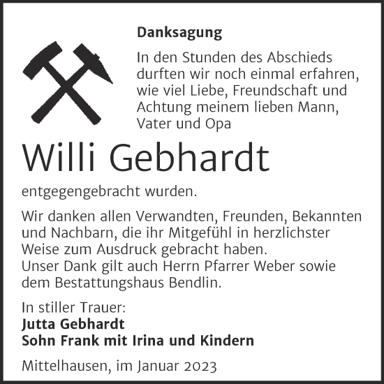 Traueranzeige von Willi Gebhardt von Trauerkombi Sangerhausen