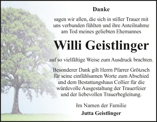 Traueranzeige von Willi Geistlinger von Trauerkombi Dessau