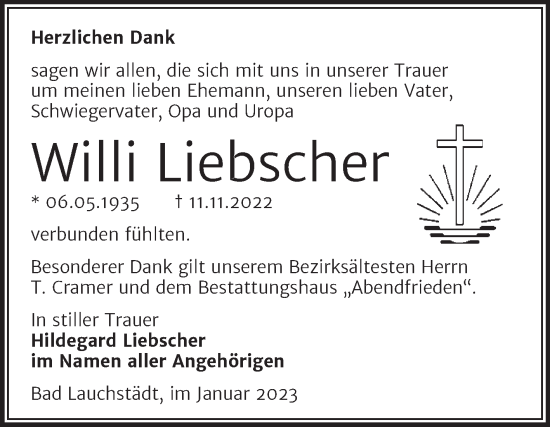 Traueranzeige von Willi Liebscher von Trauerkombi Merseburg