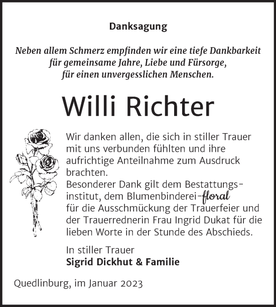 Traueranzeige von Willi Richter von Trauerkombi Quedlinburg