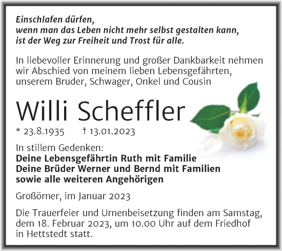 Traueranzeige von Willi Scheffler von Trauerkombi Mansfelder Land