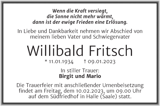 Traueranzeige von Willibald Fritsch von Mitteldeutsche Zeitung Halle/Saalkreis