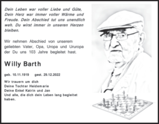 Traueranzeige von Willy Barth von Trauerkombi Mansfelder Land