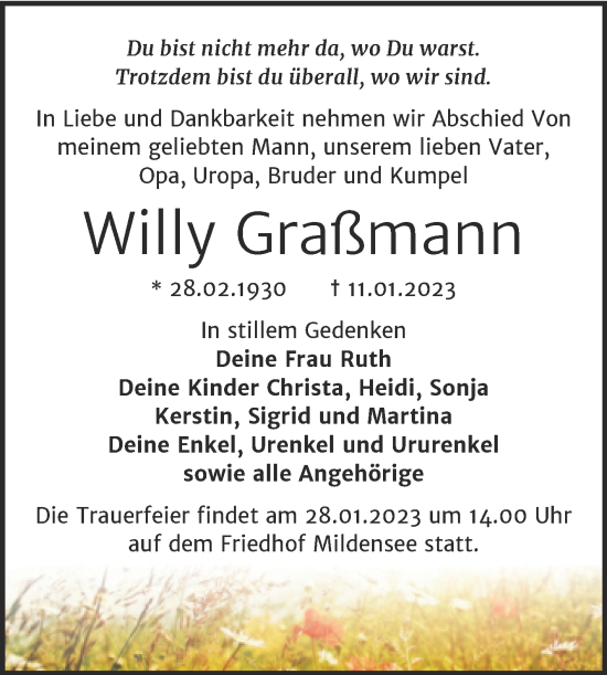 Traueranzeige von Willy Graßmann von Trauerkombi Dessau