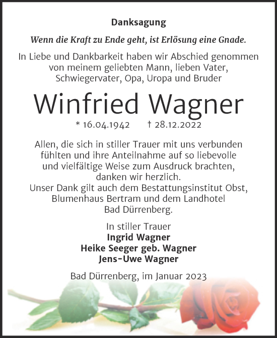 Traueranzeige von Winfried Wagner von Trauerkombi Merseburg