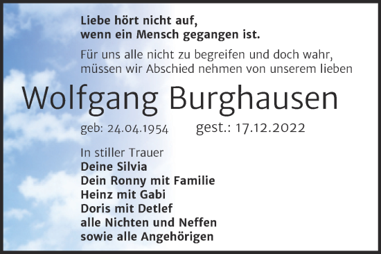 Traueranzeige von Wolfgang Burghausen von Trauerkombi Köthen