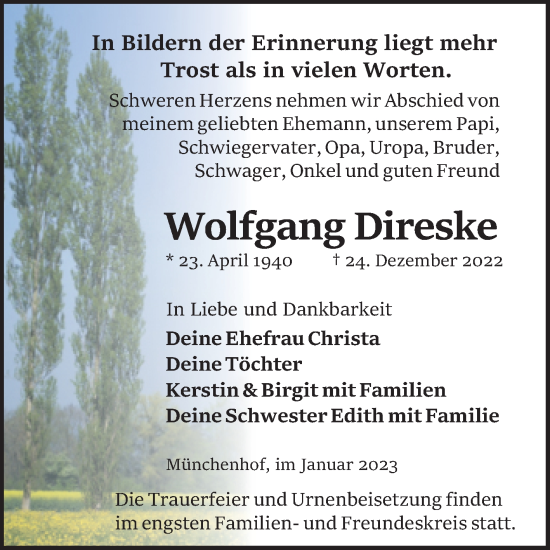 Traueranzeige von Wolfgang Direske von Trauerkombi Quedlinburg