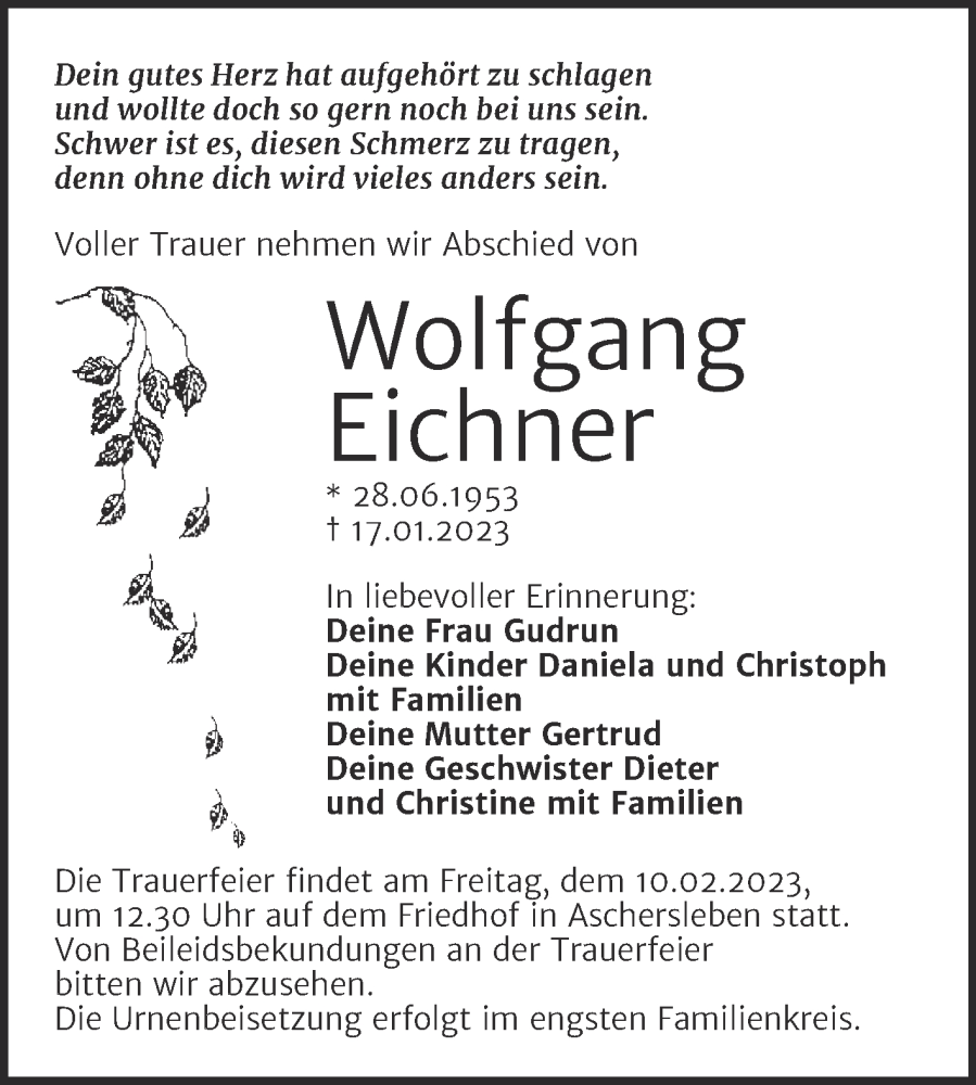  Traueranzeige für Wolfgang Eichner vom 24.01.2023 aus Trauerkombi Aschersleben