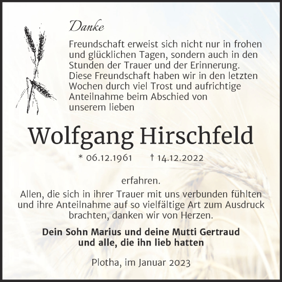 Traueranzeige von Wolfgang Hirschfeld von Trauerkombi Weißenfels