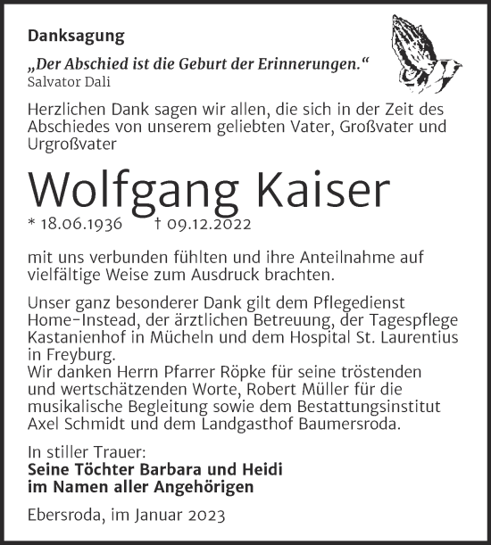 Traueranzeige von Wolfgang Kaiser von Naumburger Tageblatt