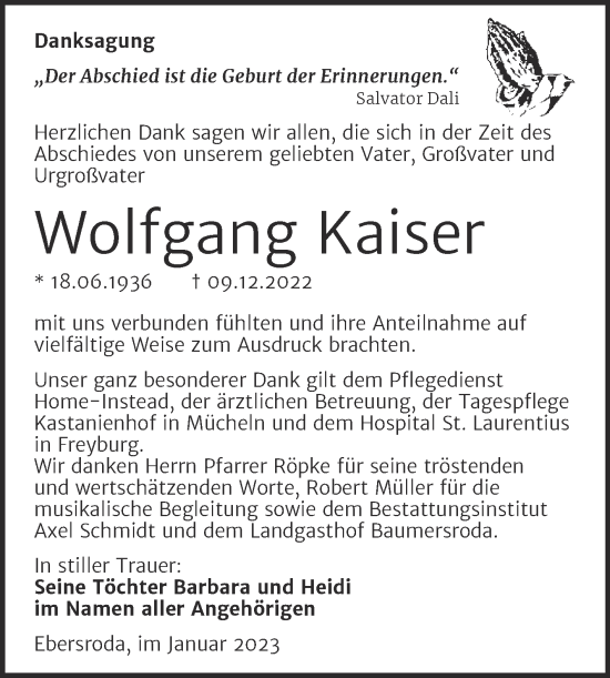 Traueranzeige von Wolfgang Kaiser von Wochenspiegel Naumburg/Nebra