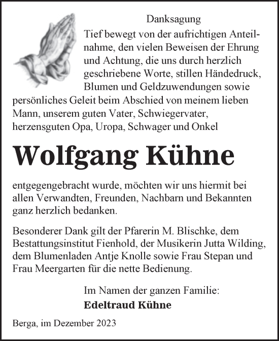 Traueranzeige von Wolfgang Kühne von Trauerkombi Sangerhausen