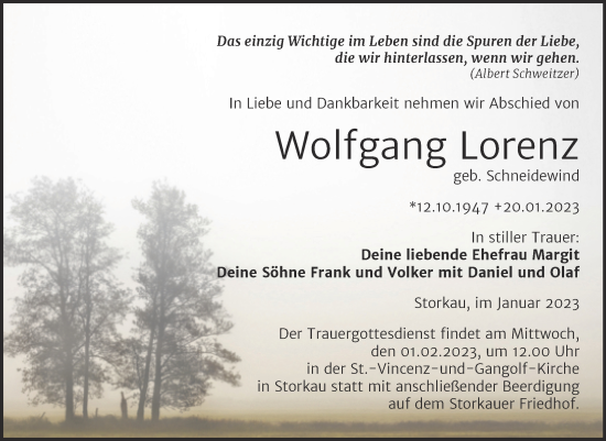 Traueranzeige von Wolfgang Lorenz von Trauerkombi Weißenfels