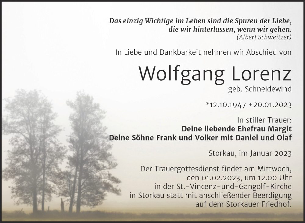  Traueranzeige für Wolfgang Lorenz vom 28.01.2023 aus Trauerkombi Weißenfels