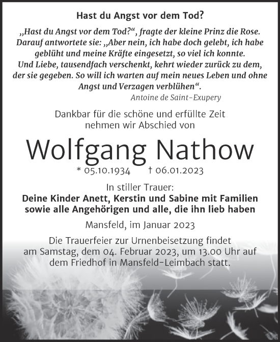 Traueranzeige von Wolfgang Nathow von Trauerkombi Mansfelder Land