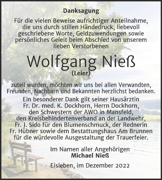 Traueranzeige von Wolfgang Nieß von Trauerkombi Mansfelder Land