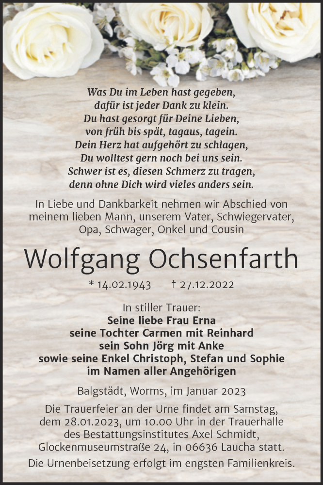  Traueranzeige für Wolfgang Ochsenfarth vom 04.01.2023 aus Wochenspiegel Naumburg/Nebra