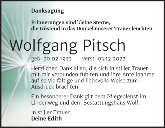 Traueranzeige von Wolfgang Pitsch von Trauerkombi Weißenfels