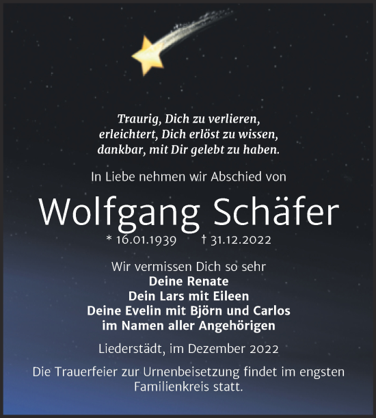 Traueranzeige von Wolfgang Schäfer von Trauerkombi Merseburg