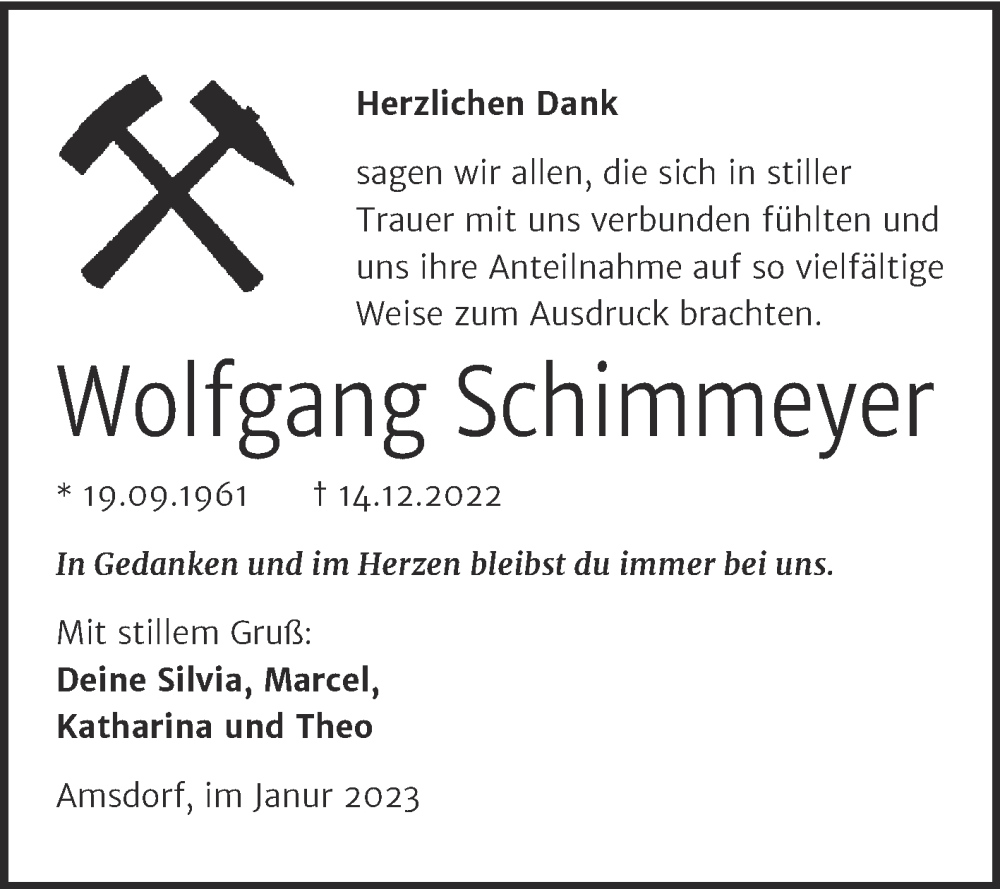  Traueranzeige für Wolfgang Schimmeyer vom 07.01.2023 aus Trauerkombi Mansfelder Land