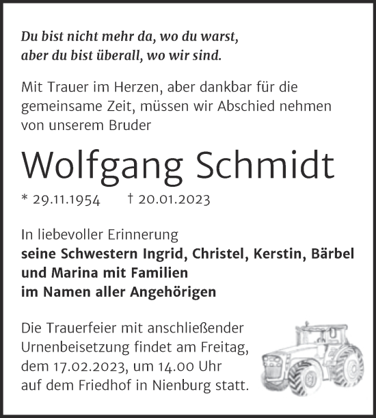 Traueranzeige von Wolfgang Schmidt von Trauerkombi Bernburg