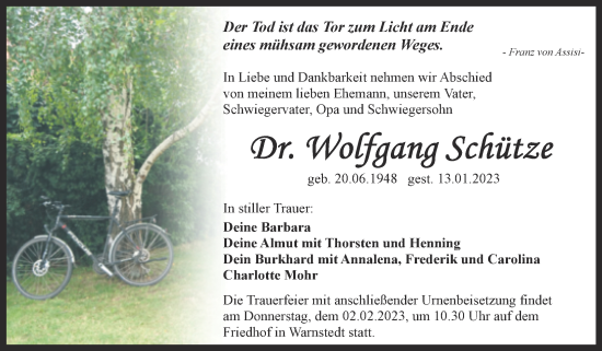 Traueranzeige von Wolfgang Schütze von Trauerkombi Quedlinburg