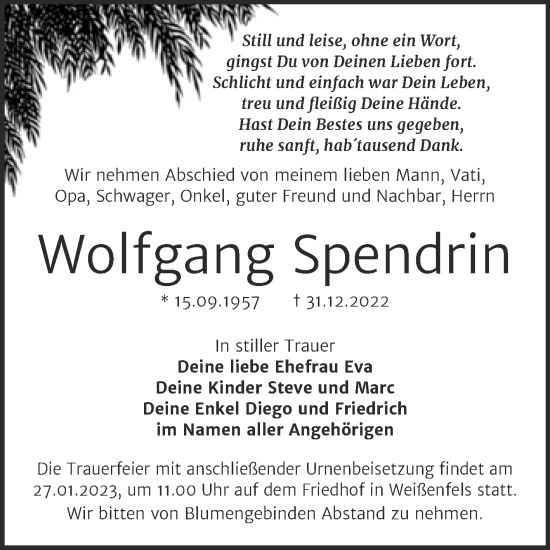 Traueranzeige von Wolfgang Spendrin von Trauerkombi Weißenfels