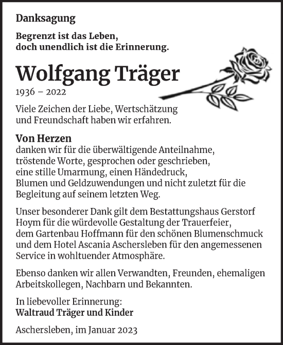 Traueranzeige von Wolfgang Träger von Trauerkombi Aschersleben