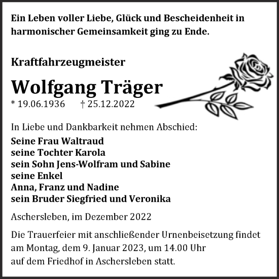 Traueranzeige von Wolfgang Träger von Trauerkombi Aschersleben