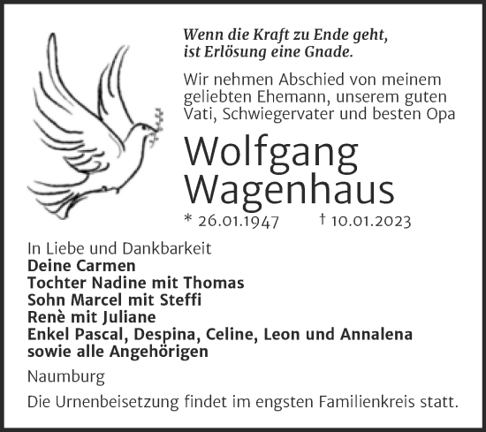 Traueranzeige von Wolfgang Wagenhaus von Wochenspiegel Naumburg/Nebra