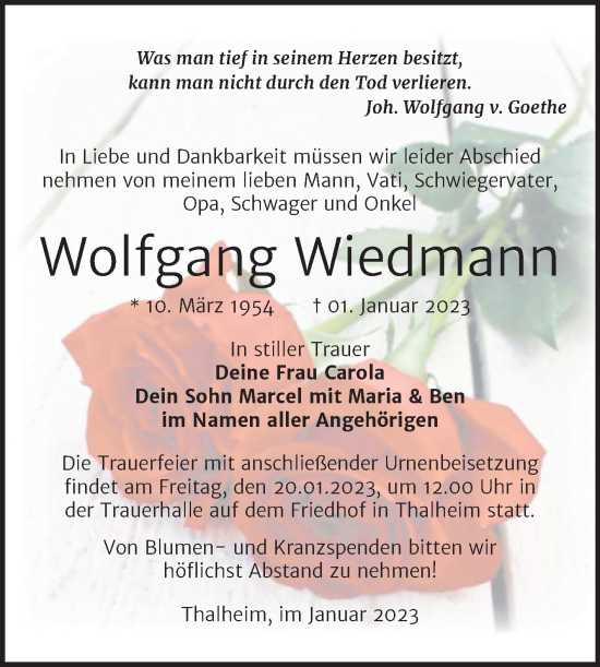 Traueranzeige von Wolfgang Wiedmann von Trauerkombi Bitterfeld