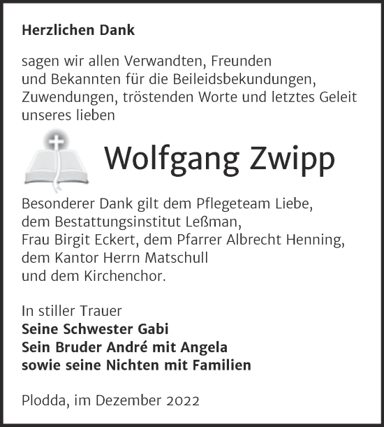 Traueranzeige von Wolfgang Zwipp von Trauerkombi Bitterfeld