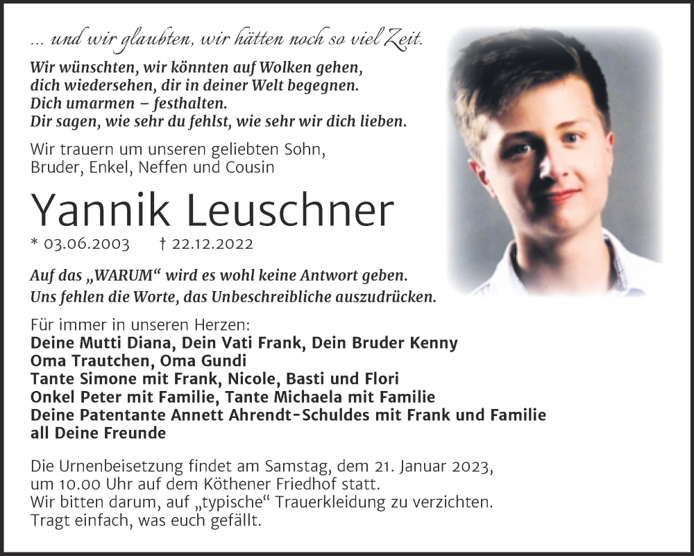  Traueranzeige für Yannik Leuschner vom 07.01.2023 aus Trauerkombi Köthen