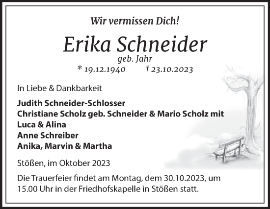 Traueranzeige von Erika Schneider von Naumburger Tageblatt
