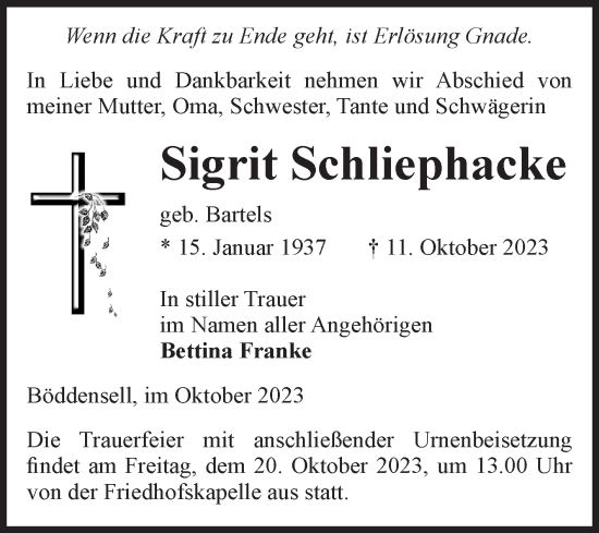 Traueranzeige von Sigrit Schliephacke von Volksstimme Haldensleben/Wolmirstedt